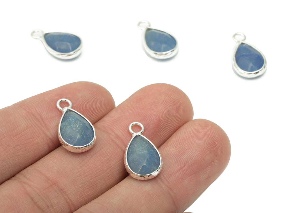 Blue Aventurine Stone Drop Earring Charms - Brass Teardrop Pendant - Natural Stone - Silver Tone Plated Brass – 17.97x9.61x4.55mm – NS1690A - DOMEDBAZAAR