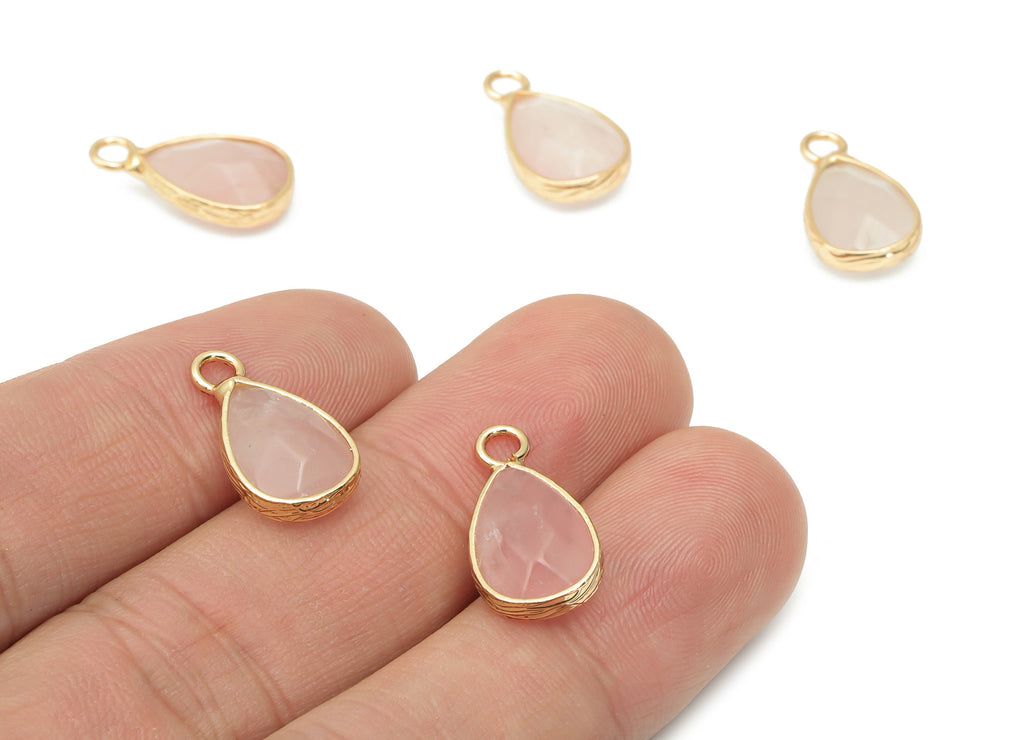 Rose Quartz Crystal Drop Earring Charms - Brass Teardrop Pendant - Natural Stone - Gold Tone Plated Brass – 17.97x9.61x4.55mm – NS1690B - DOMEDBAZAAR