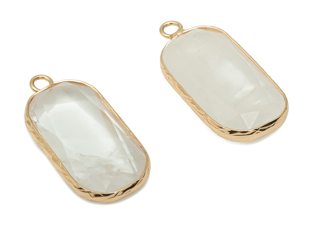 Clear Quartz Faceted Earring Charms - Brass Rectangle Pendant - Natural Stone - Gold Tone Plated Brass – 31.1x15.54x5.95mm – NS1700C - DOMEDBAZAAR