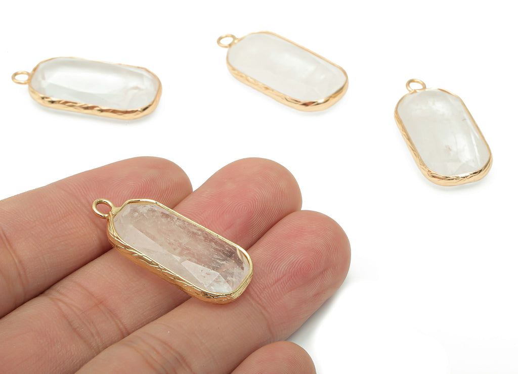 Clear Quartz Faceted Earring Charms - Brass Rectangle Pendant - Natural Stone - Gold Tone Plated Brass – 31.1x15.54x5.95mm – NS1700C - DOMEDBAZAAR