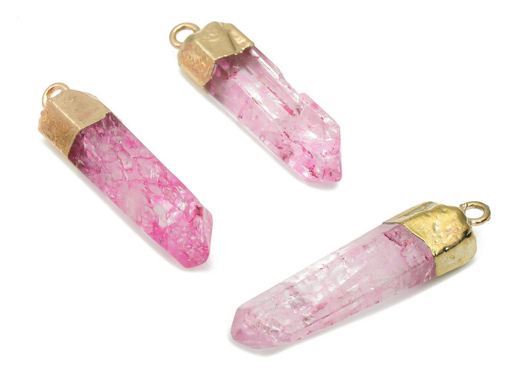 Purple Quartz Crystal Spike Earring Charms - Brass Strip Pendant - Natural Stone - Gold Tone Plated Stone – 41.06x9.96x7.36mm – NS1701B - DOMEDBAZAAR
