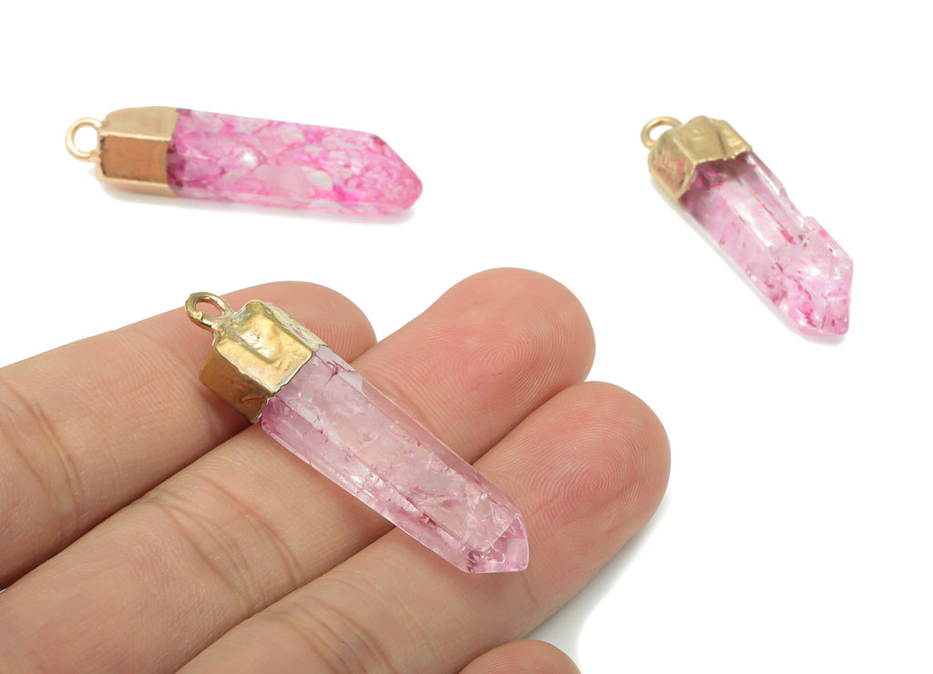 Purple Quartz Crystal Spike Earring Charms - Brass Strip Pendant - Natural Stone - Gold Tone Plated Stone – 41.06x9.96x7.36mm – NS1701B - DOMEDBAZAAR