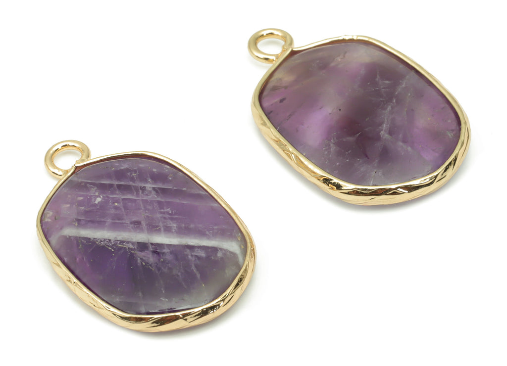 Amethyst Oval Earring Charms - Brass Oval Pendant - Natural Stone - Gold Tone Plated Brass – Jewelry Supplies - 52.2x15.92x4.11mm – NS1699H - DOMEDBAZAAR