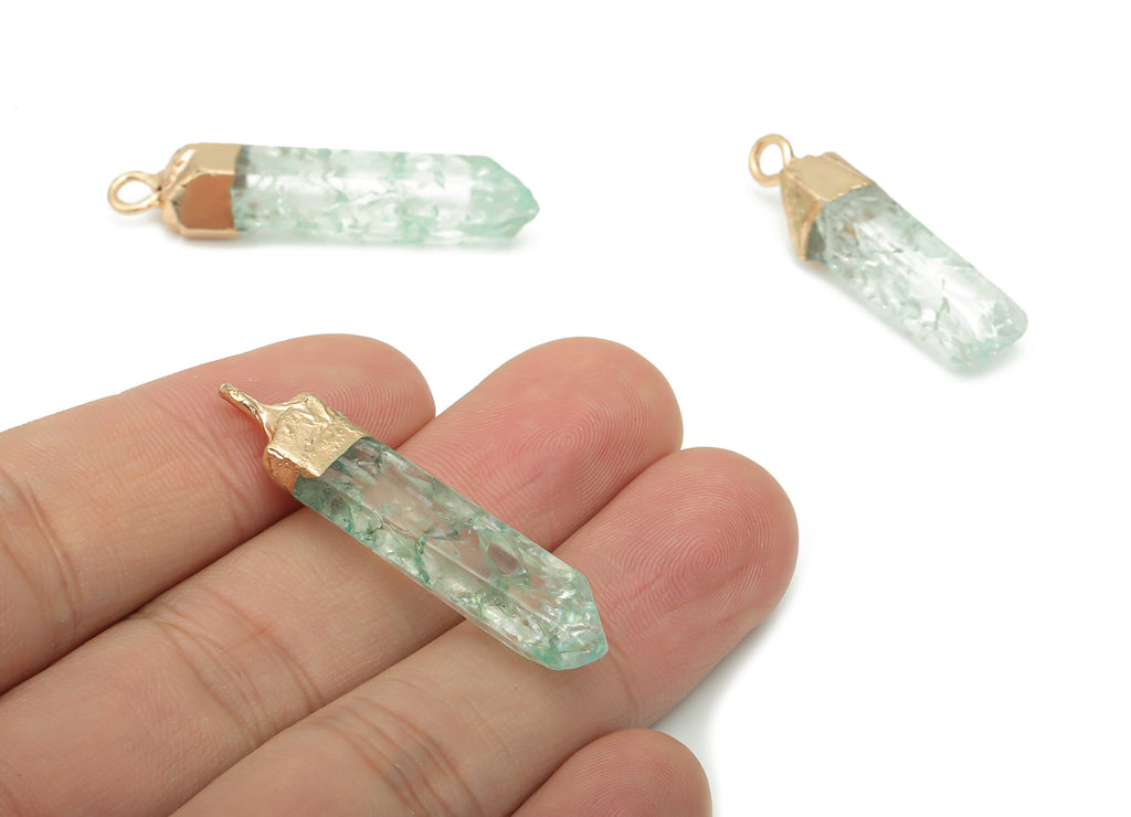 Blue Quartz Crystal Spike Earring Charms - Brass Strip Pendant - Natural Stone - Gold Tone Plated Stone – 42.72x10.21x6.06mm – NS1701C - DOMEDBAZAAR