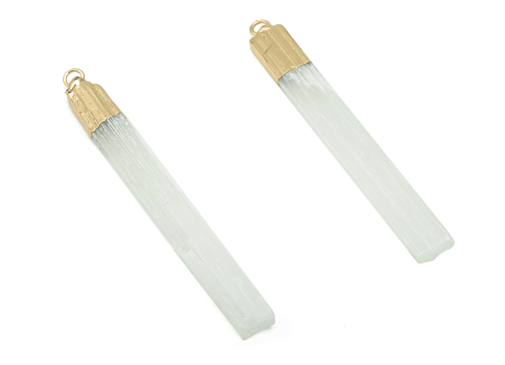 Selenite Stone Spike Charms - Iron Strip Pendant - Natural Stone - Gold Tone Plated Iron – Jewelry Supplies - 70.1x5.39x3.46mm – NS1761A - DOMEDBAZAAR