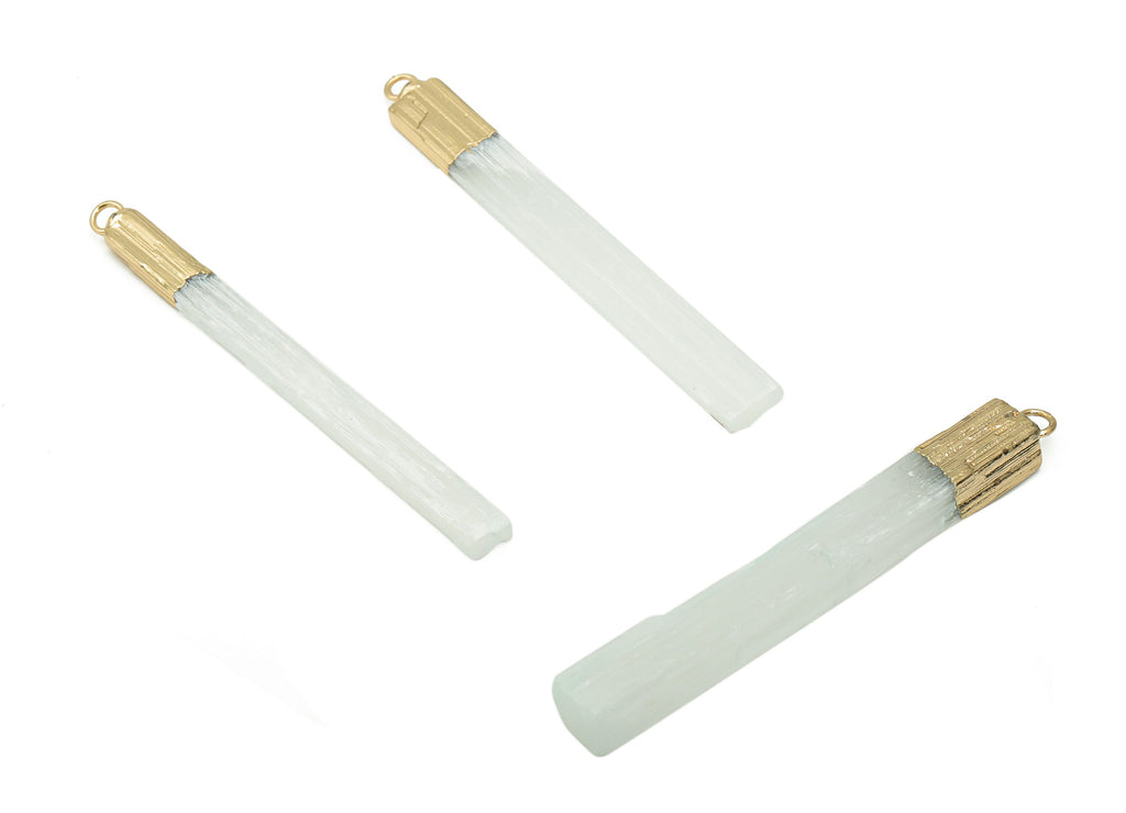 Selenite Stone Spike Charms - Iron Strip Pendant - Natural Stone - Gold Tone Plated Iron – Jewelry Supplies - 70.1x5.39x3.46mm – NS1761A - DOMEDBAZAAR