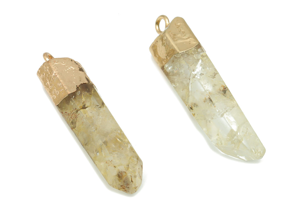 Yellow Quartz Crystal Spike Earring Charms - Brass Strip Pendant - Natural Stone - Gold Tone Plated Stone – 46.61x11.6x8.97mm – NS1701A - DOMEDBAZAAR