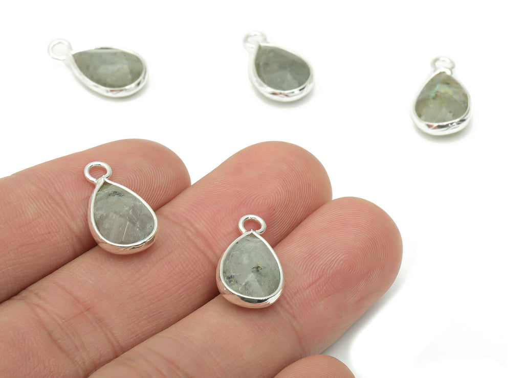 Labradorite Drop Earring Charms - Brass Teardrop Pendant - Natural Stone - Silver Tone Plated Brass – 17.97x9.61x4.55mm – NS1690E - DOMEDBAZAAR