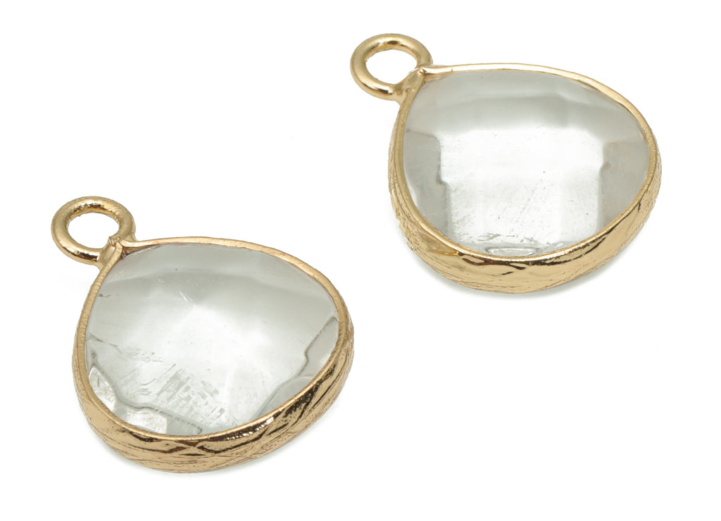 Clear Quartz Drop Earring Charms - Brass Teardrop Pendant - Natural Stone - Gold Tone Plated Brass – 17.78x13.61x5.85mm – NS1696C - DOMEDBAZAAR