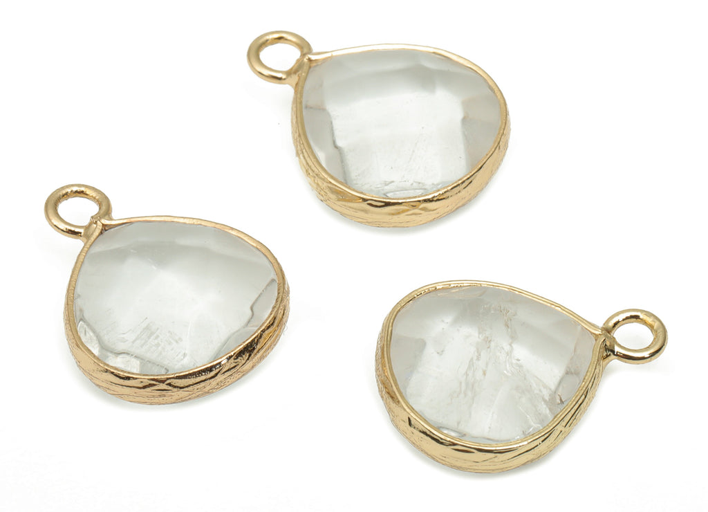 Clear Quartz Drop Earring Charms - Brass Teardrop Pendant - Natural Stone - Gold Tone Plated Brass – 17.78x13.61x5.85mm – NS1696C - DOMEDBAZAAR
