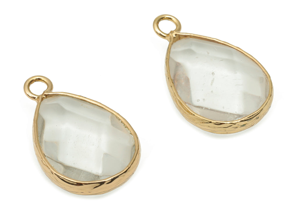 Clear Quartz Drop Earring Charms - Brass Teardrop Pendant - Natural Stone - Gold Tone Plated Brass – 22.58x13.85x6.17mm – NS1694A - DOMEDBAZAAR