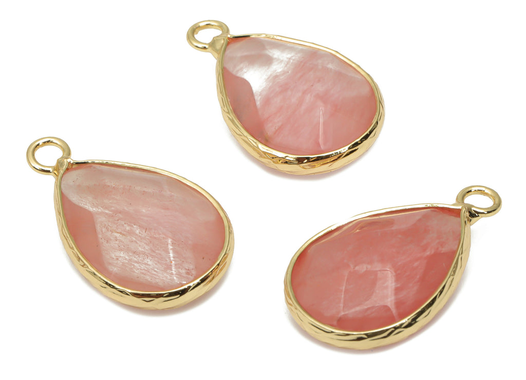 Cherry Quartz Drop Earring Charms - Brass Teardrop Pendant - Natural Stone - Gold Tone Plated Brass – 22.58x13.85x6.17mm – NS1694B - DOMEDBAZAAR