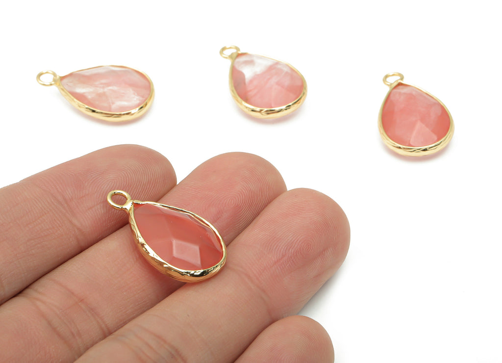 Cherry Quartz Drop Earring Charms - Brass Teardrop Pendant - Natural Stone - Gold Tone Plated Brass – 22.58x13.85x6.17mm – NS1694B - DOMEDBAZAAR
