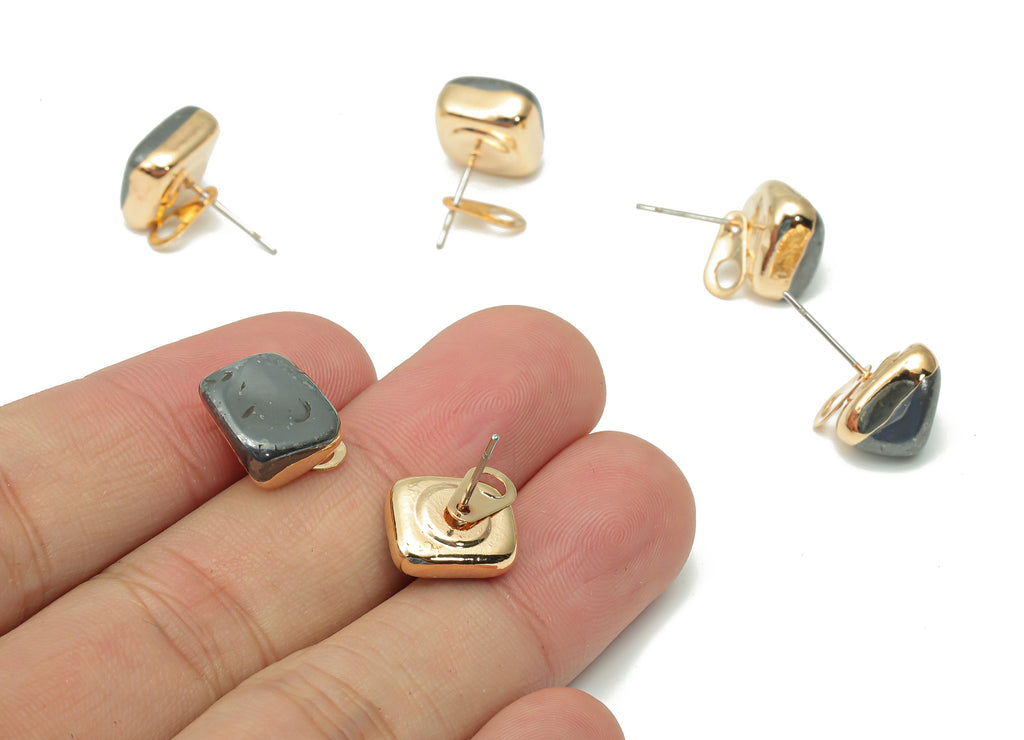 Terahertz Earring Stud with Loop - Natural Stone Earring Post -  Gold Tone Plated Stone – 316 Surgical Stainless Steel - 14x10x8mm – NS1762S - DOMEDBAZAAR