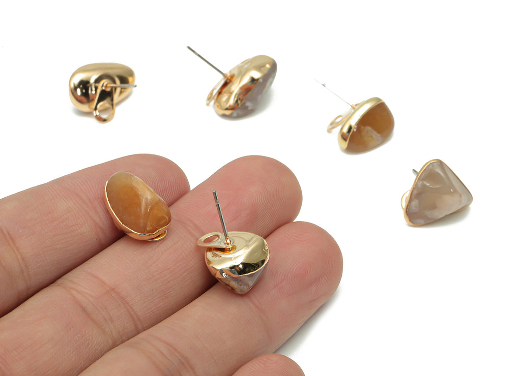 Flower Agate Stud with Loop - Natural Stone Earring Post -  Gold Tone Plated Stone – 316 Surgical Stainless Steel - 9.64x8.8x4.7mm – NS1762L - DOMEDBAZAAR