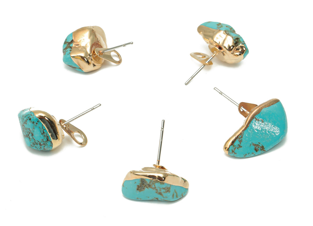 Turquoise Stud with Loop - Natural Stone Earring Post -  Gold Tone Plated Stone – 316 Surgical Stainless Steel - 14.87x10.88x9.1mm – NS1762Y - DOMEDBAZAAR