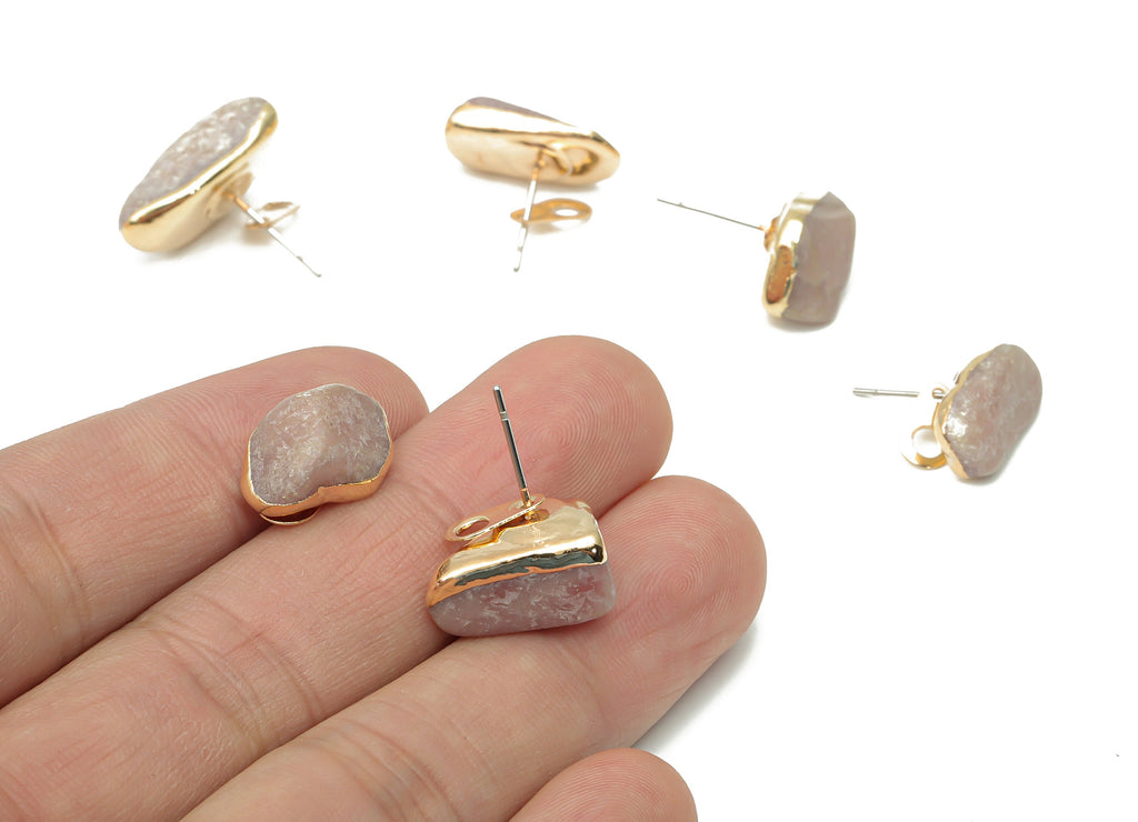 Kunzite Earring Stud with Loop - Natural Stone Earring Post -  Gold Tone Plated Stone – 316 Surgical Stainless Steel - 14.1x10x6mm – NS1762M - DOMEDBAZAAR