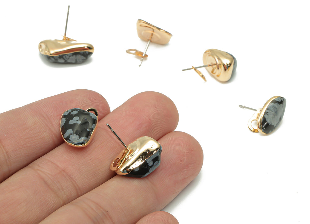 Snow Flake Obsidian Stud with Loop - Natural Stone Earring Post -  Gold Tone Plated Stone – 316 Surgical Stainless Steel - 15x10x5mm–NS1762K - DOMEDBAZAAR
