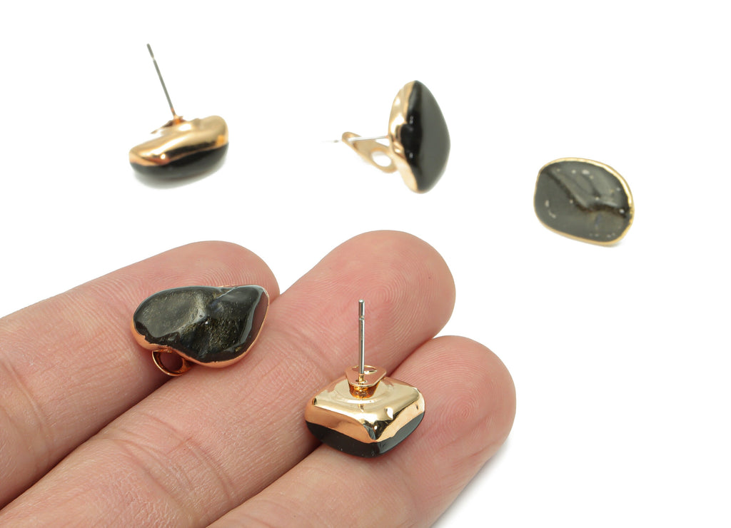 Golden Obsidian Stud with Loop - Natural Stone Earring Post -  Gold Tone Plated Stone – 316 Surgical Stainless Steel - 15.2x10x7mm – NS1762D - DOMEDBAZAAR