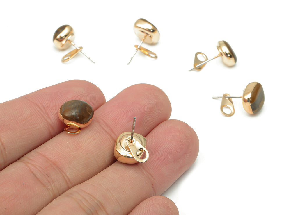 Tigers Eye Stud with Loop - Natural Stone Earring Post -  Gold Tone Plated Stone – 316 Surgical Stainless Steel - 8.88x7.95x5.92mm – NS1762V - DOMEDBAZAAR