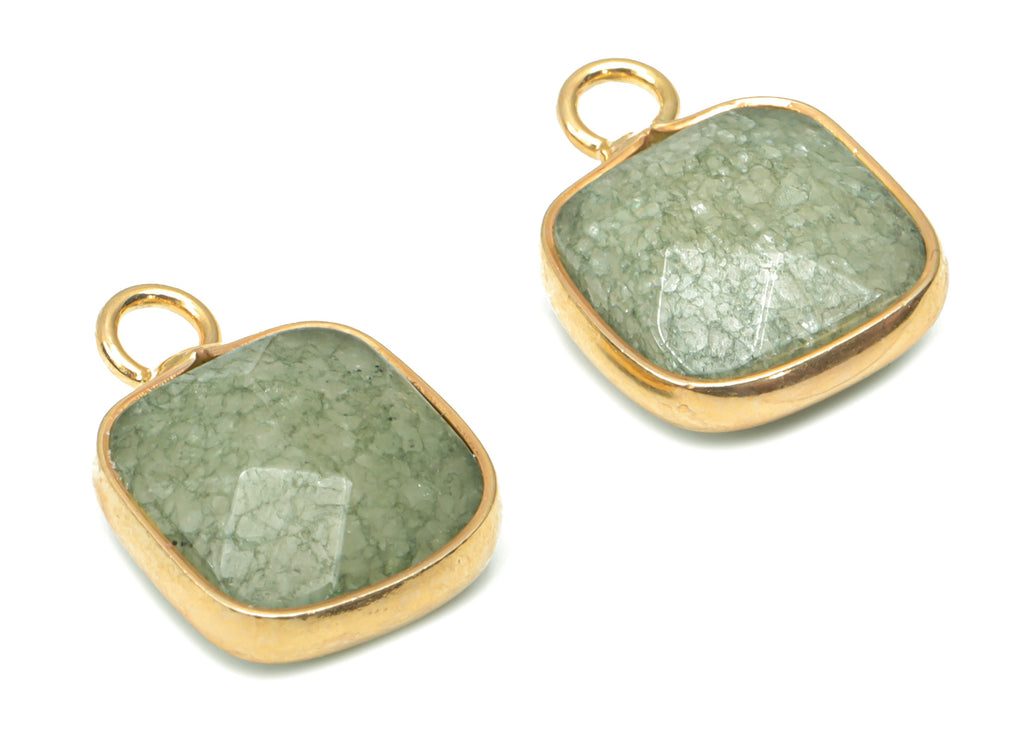 Green Jade Faceted Square Earring Charms - Brass Square Pendant - Natural Stone - Gold Tone Plated Brass – 15.9x11.44x5.95mm – NS1687D - DOMEDBAZAAR