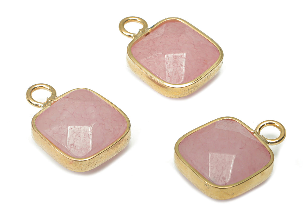 Rose Quartz Crystal Faceted Square Earring Charms - Brass Square Pendant - Natural Stone - Gold Tone Plated Brass – 15.9x11.44x6mm – NS1687G - DOMEDBAZAAR
