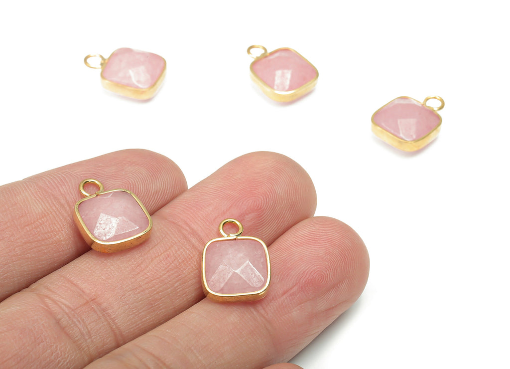 Rose Quartz Crystal Faceted Square Earring Charms - Brass Square Pendant - Natural Stone - Gold Tone Plated Brass – 15.9x11.44x6mm – NS1687G - DOMEDBAZAAR