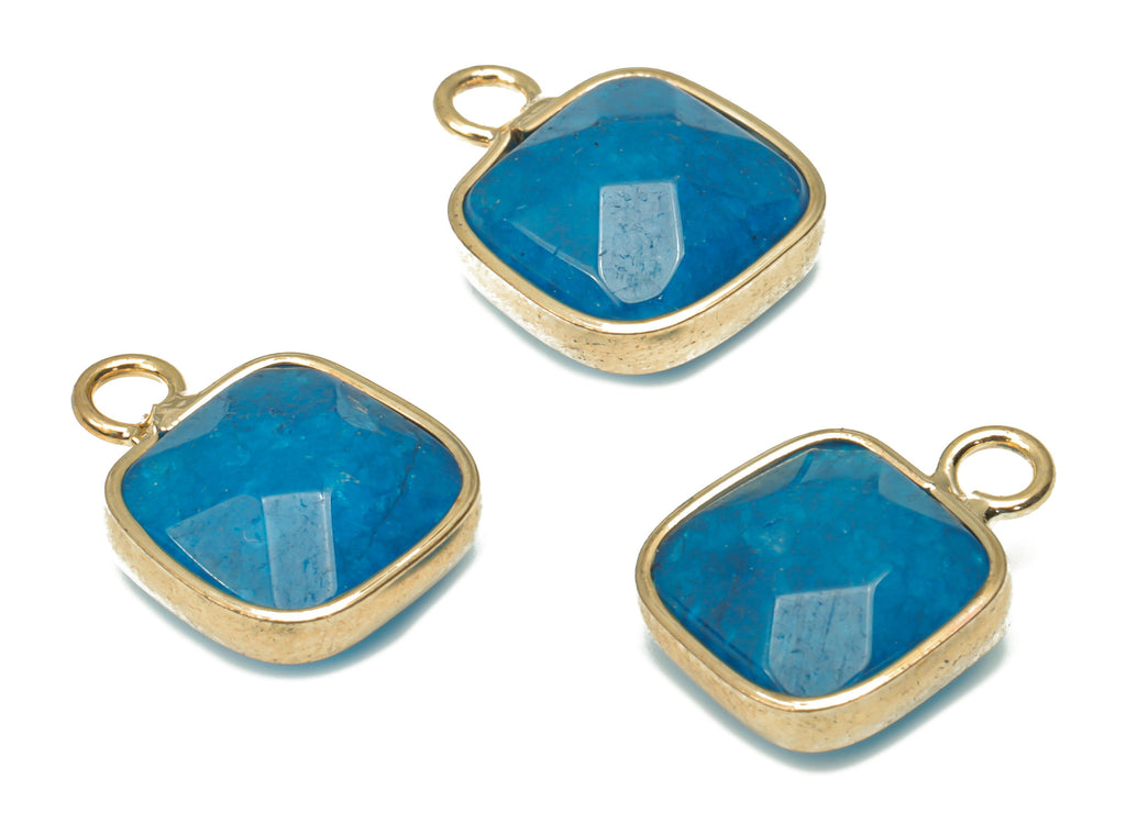 Blue Jade Faceted Square Earring Charms - Brass Square Pendant - Natural Stone - Gold Tone Plated Brass – 15.9x11.44x5.95mm – NS1687C - DOMEDBAZAAR