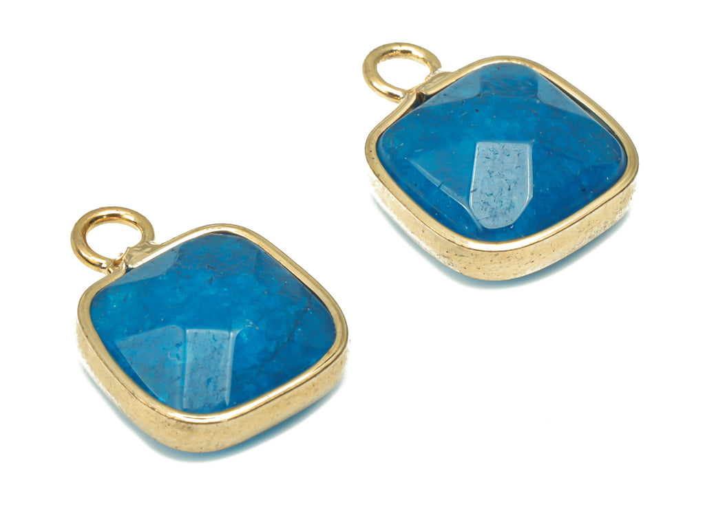 Blue Jade Faceted Square Earring Charms - Brass Square Pendant - Natural Stone - Gold Tone Plated Brass – 15.9x11.44x5.95mm – NS1687C - DOMEDBAZAAR