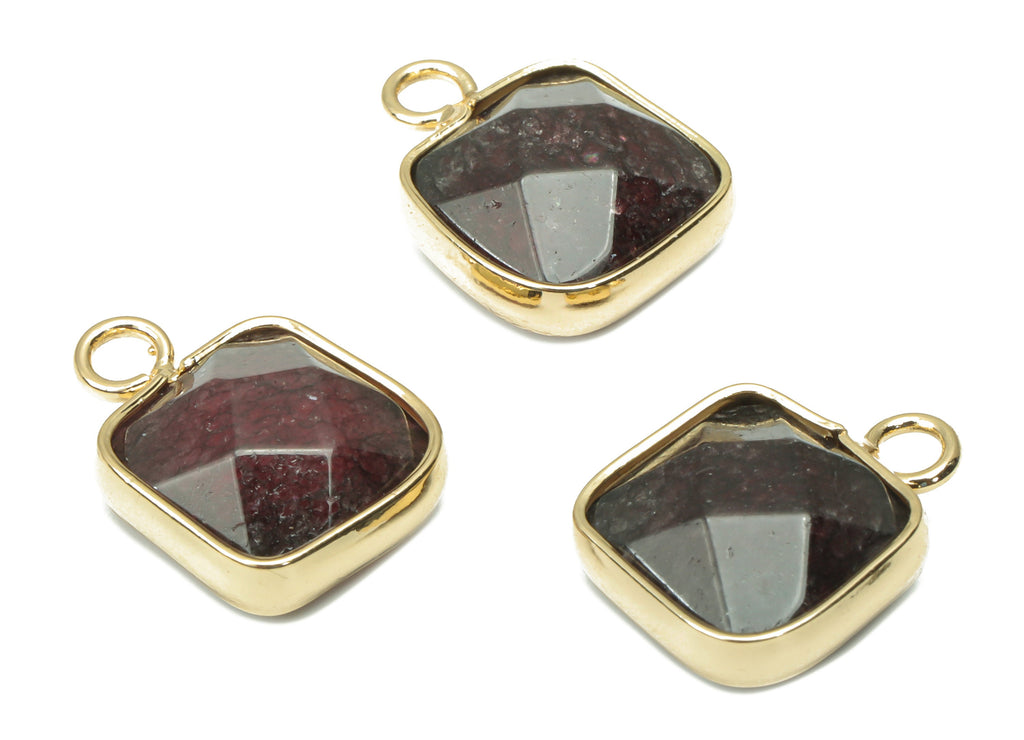 Garnet Faceted Square Earring Charms - Brass Square Pendant - Natural Stone - Gold Tone Plated Brass – 15.9x11.44x5.95mm – NS1687B - DOMEDBAZAAR