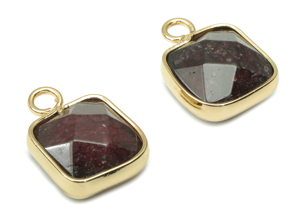 Garnet Faceted Square Earring Charms - Brass Square Pendant - Natural Stone - Gold Tone Plated Brass – 15.9x11.44x5.95mm – NS1687B - DOMEDBAZAAR