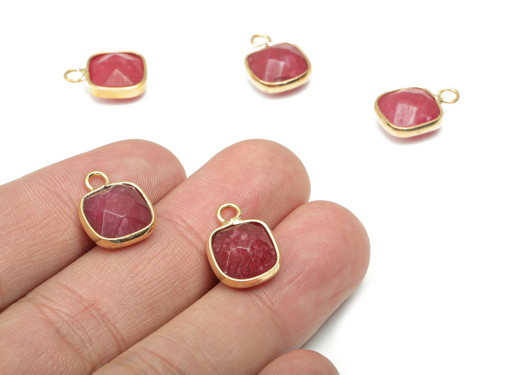 Red Jade Faceted Square Earring Charms - Brass Square Pendant - Natural Stone - Gold Tone Plated Brass – 15.9x11.44x5.95mm – NS1687F - DOMEDBAZAAR