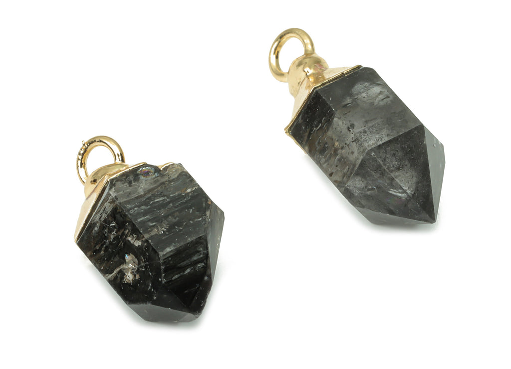 Black Tourmaline Faceted Charms - Brass Stone Pendant - Tower Stone Earring - Natural Stone - Gold Tone Plated Brass – 21.85x11x9mm – NS1682 - DOMEDBAZAAR