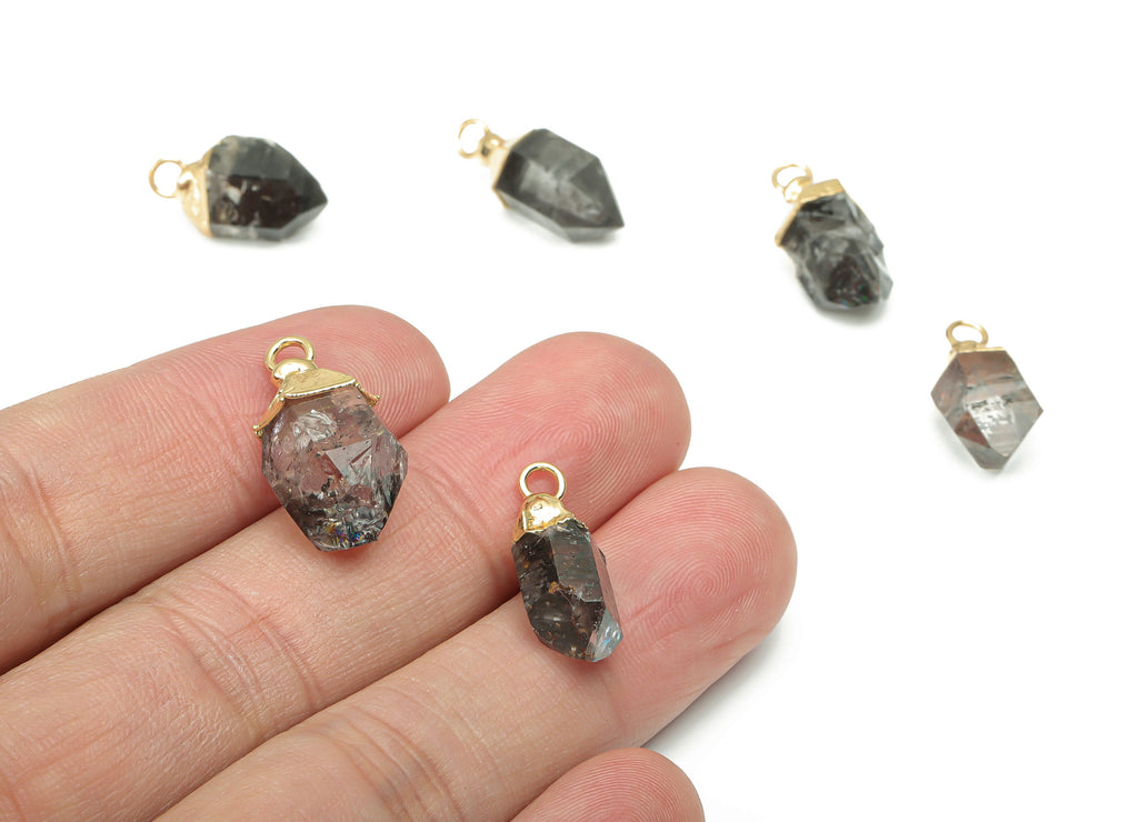 Black Tourmaline Faceted Charms - Brass Stone Pendant - Tower Stone Earring - Natural Stone - Gold Tone Plated Brass – 21.85x11x9mm – NS1682 - DOMEDBAZAAR