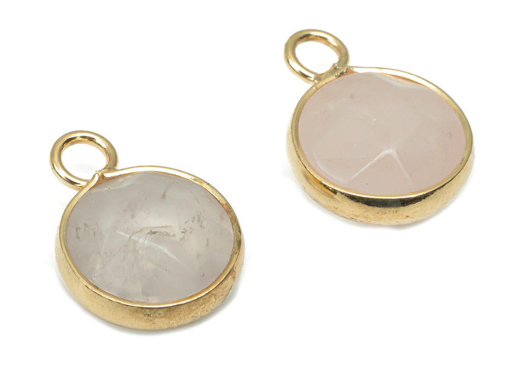 Rose Quartz Crystal Faceted Round Earring Charms - Brass Circle Pendant - Natural Stone - Gold Tone Plated Brass – 15.3x11.3x5.5mm – NS1685A - DOMEDBAZAAR