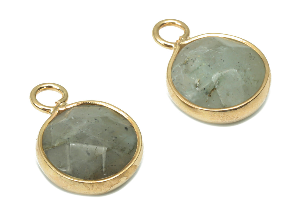 Labradorite Faceted Round Earring Charms - Brass Circle Pendant - Natural Stone - Gold Tone Plated Brass – 15.3x11.3x5.5mm – NS1685B - DOMEDBAZAAR