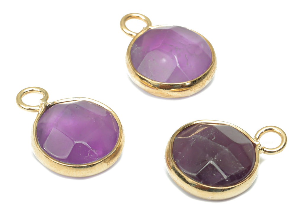 Amethyst Faceted Round Earring Charms - Brass Circle Pendant - Natural Stone - Gold Tone Plated Brass – 15.3x11.3x5.5mm – NS1685C - DOMEDBAZAAR