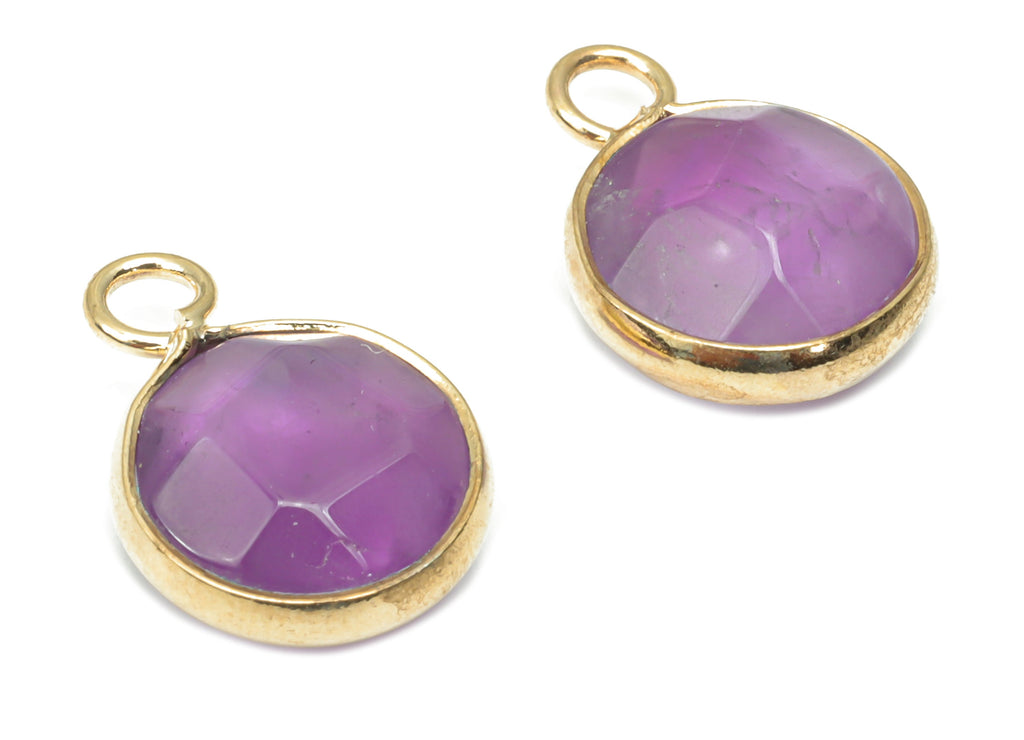 Amethyst Faceted Round Earring Charms - Brass Circle Pendant - Natural Stone - Gold Tone Plated Brass – 15.3x11.3x5.5mm – NS1685C - DOMEDBAZAAR