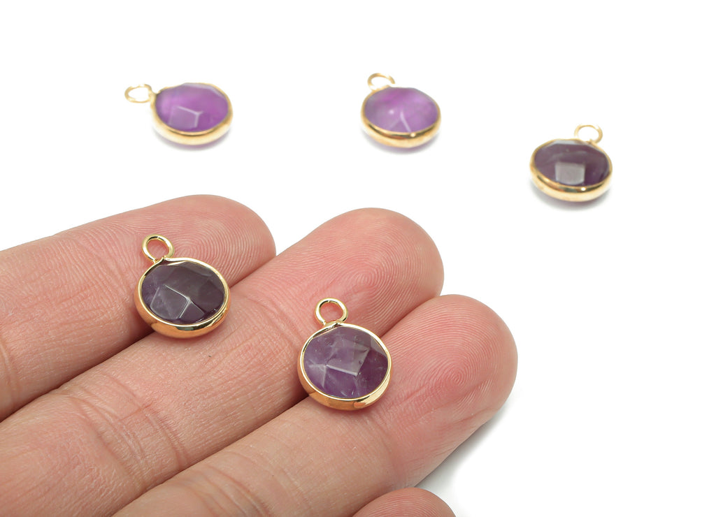 Amethyst Faceted Round Earring Charms - Brass Circle Pendant - Natural Stone - Gold Tone Plated Brass – 15.3x11.3x5.5mm – NS1685C - DOMEDBAZAAR