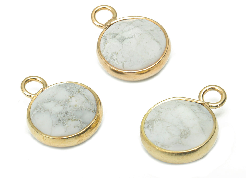 Howlite Faceted Round Earring Charms - Brass Circle Pendant - Natural Stone - Gold Tone Plated Brass – 15.3x11.3x5.5mm – NS1685E - DOMEDBAZAAR