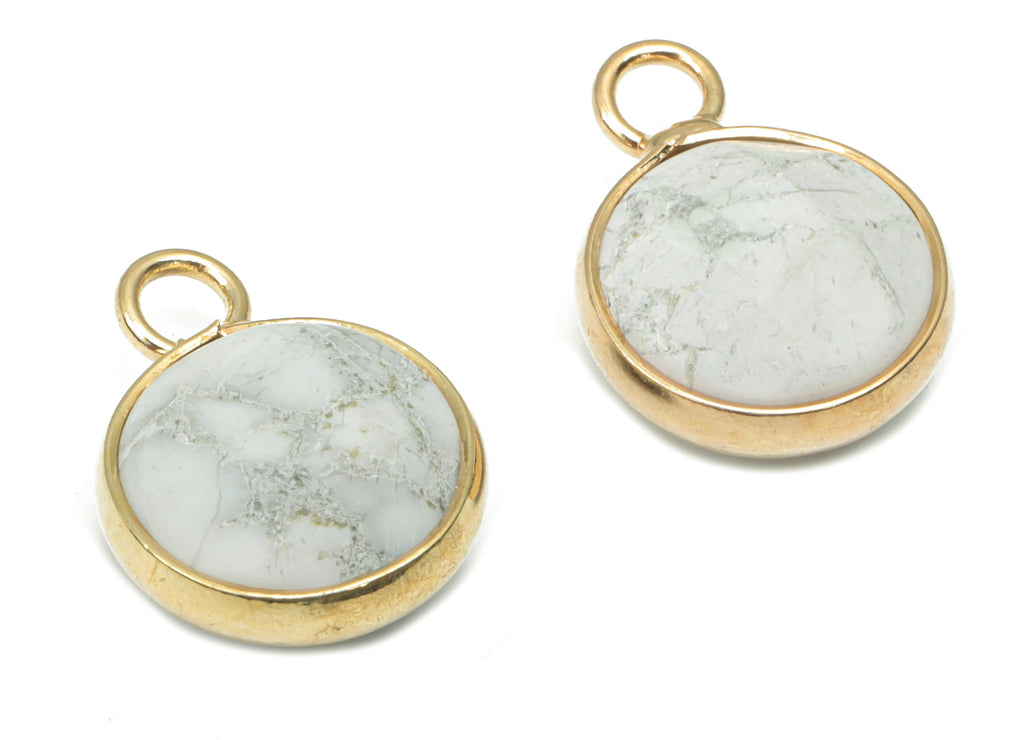 Howlite Faceted Round Earring Charms - Brass Circle Pendant - Natural Stone - Gold Tone Plated Brass – 15.3x11.3x5.5mm – NS1685E - DOMEDBAZAAR