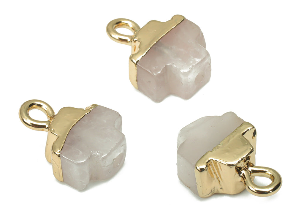 Rose Quartz Crystal Earring Charms - Brass Irregular Pendant - Natural Stone - Gold Tone Plated Brass – 12.03x8.72x5.3mm – NS1677B - DOMEDBAZAAR