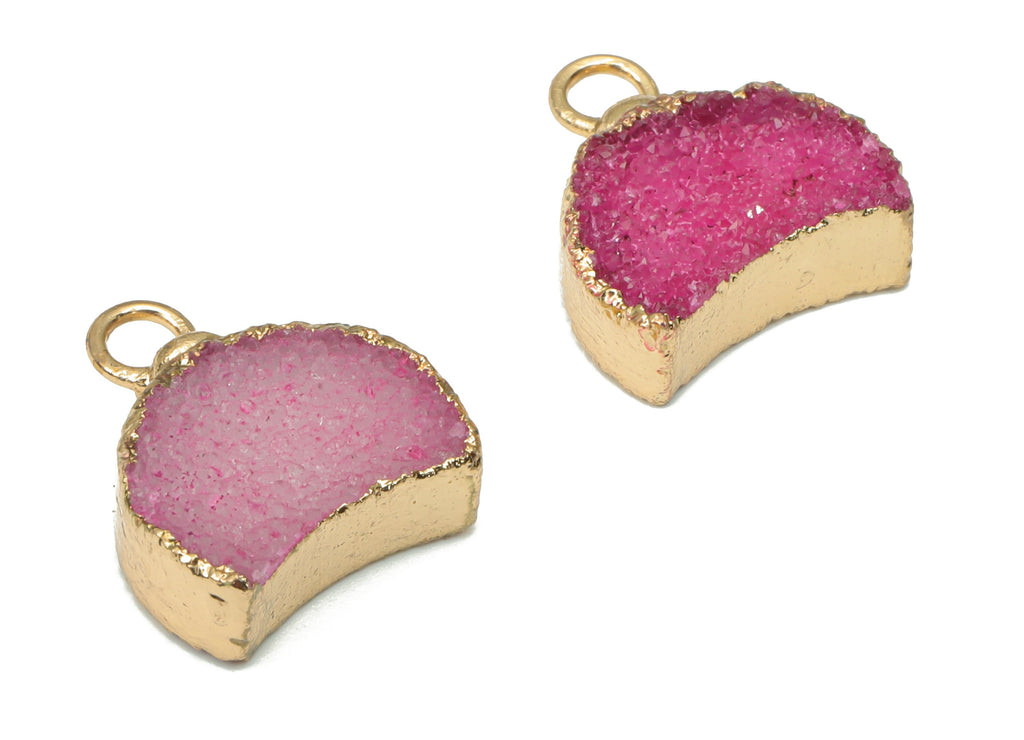 Purple Cluster Crystal Druzy Earring Charms - Brass Crescent Pendant - Natural Stone - Gold Tone Plated Brass – 14.4x12.91x4.62mm – NS1680B - DOMEDBAZAAR