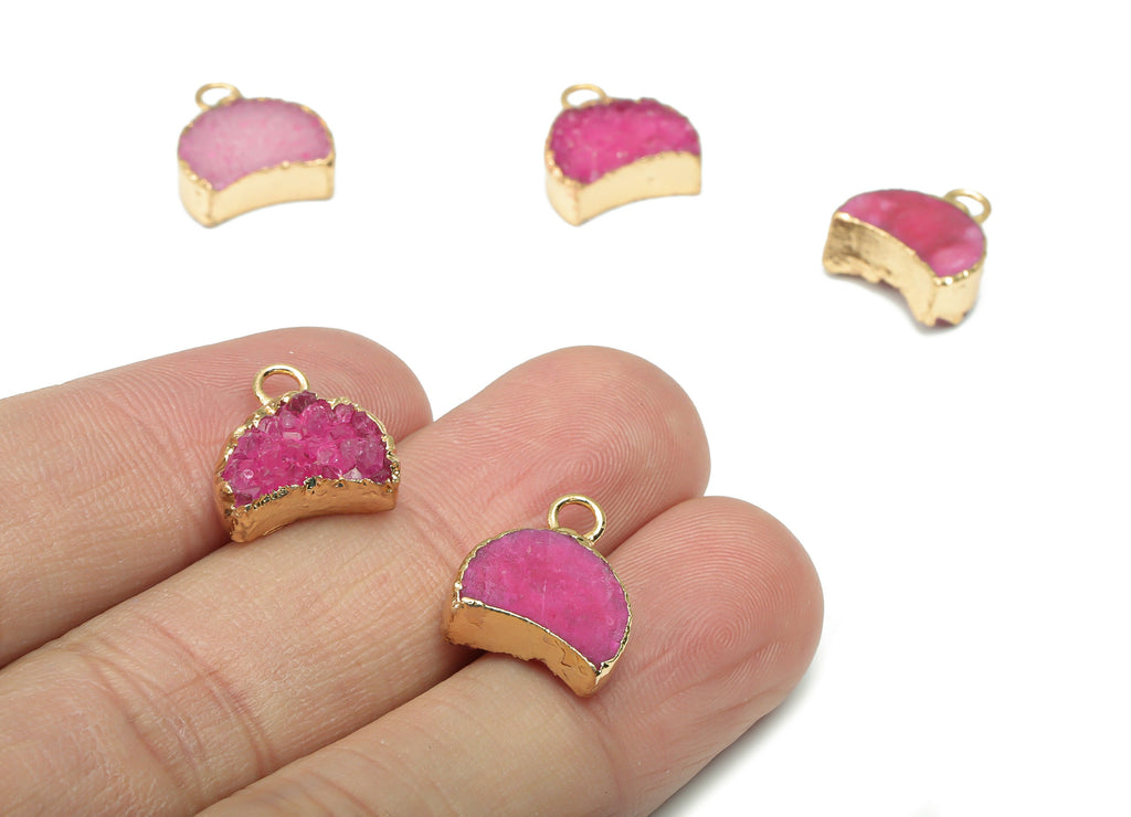Purple Cluster Crystal Druzy Earring Charms - Brass Crescent Pendant - Natural Stone - Gold Tone Plated Brass – 14.4x12.91x4.62mm – NS1680B - DOMEDBAZAAR