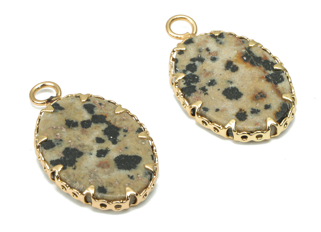 Dalmatian Jasper Oval Earring Charms - Brass Oval Pendant - Natural Stone - Gold Tone Plated Brass – 23.42x14.3x2.89mm – NS1684A - DOMEDBAZAAR