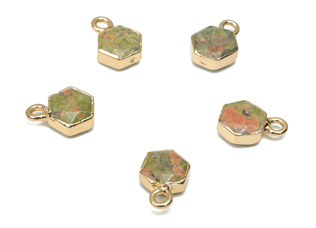 UNAKITE Hexagon Earring Charms - Brass Hexagon Pendant - Natural Stone - Gold Tone Plated Brass – Jewelry Supplies - 11.4x8.31x4mm – NS1678A - DOMEDBAZAAR