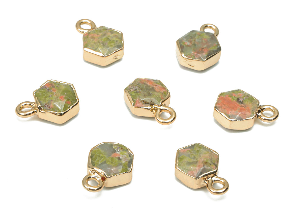 UNAKITE Hexagon Earring Charms - Brass Hexagon Pendant - Natural Stone - Gold Tone Plated Brass – Jewelry Supplies - 11.4x8.31x4mm – NS1678A - DOMEDBAZAAR