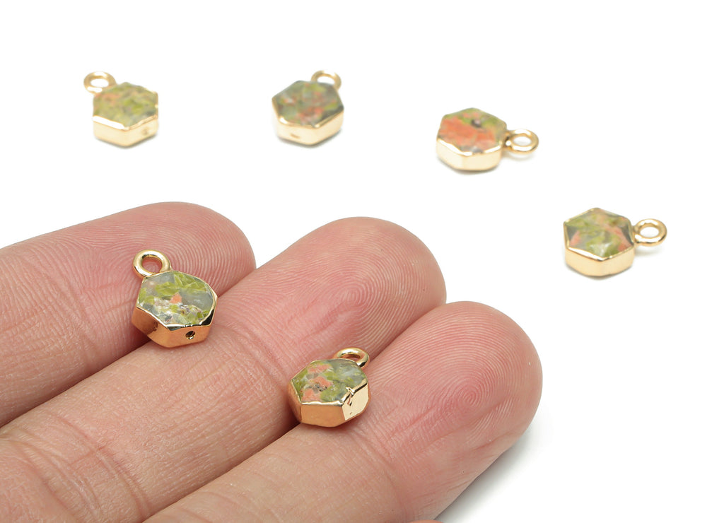 UNAKITE Hexagon Earring Charms - Brass Hexagon Pendant - Natural Stone - Gold Tone Plated Brass – Jewelry Supplies - 11.4x8.31x4mm – NS1678A - DOMEDBAZAAR