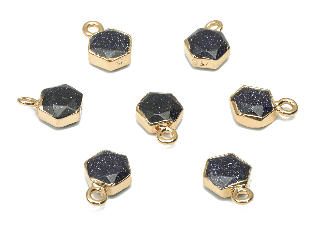 Blue Goldstone Earring Charms - Brass Hexagon Pendant - Natural Stone - Gold Tone Plated Brass – Jewelry Supplies - 11.4x8.31x4mm – NS1678B - DOMEDBAZAAR