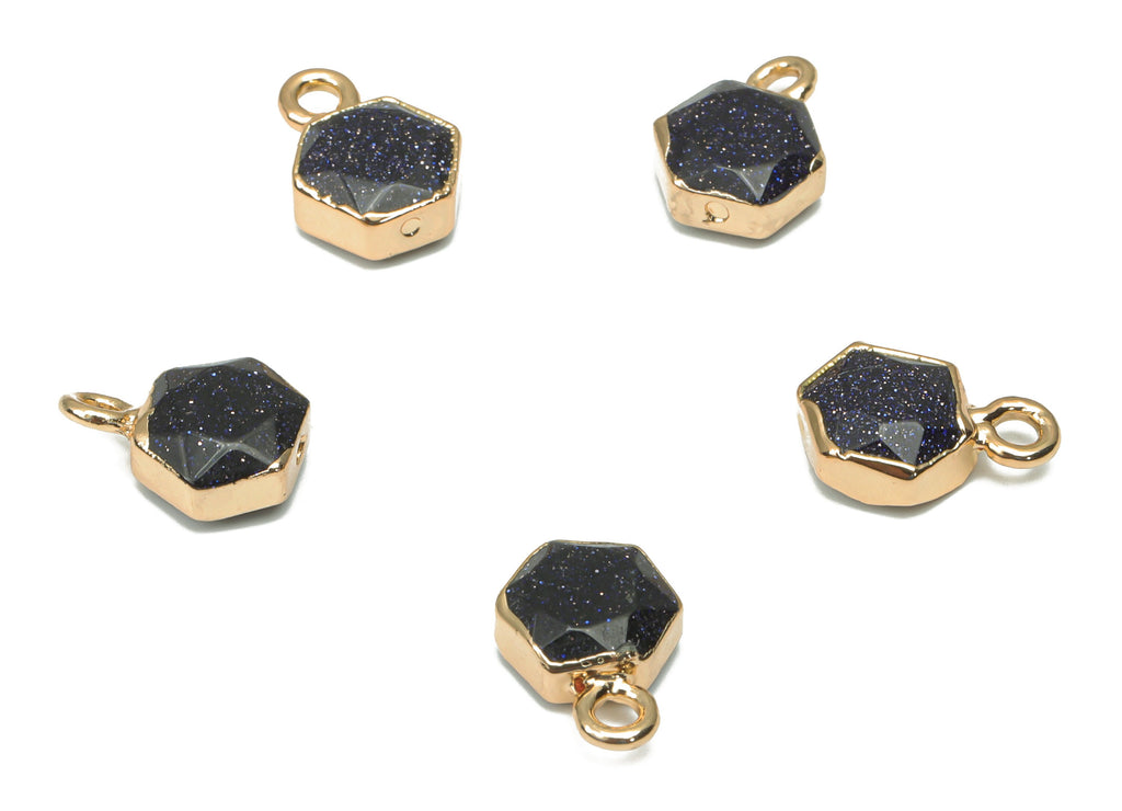 Blue Goldstone Earring Charms - Brass Hexagon Pendant - Natural Stone - Gold Tone Plated Brass – Jewelry Supplies - 11.4x8.31x4mm – NS1678B - DOMEDBAZAAR